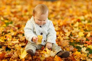 落ち葉の上でお座りしている赤ちゃん