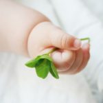 葉っぱを握る赤ちゃんの手